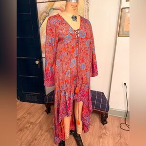 Elegant 100% silk High-Low Floral Dress in Red and Blue